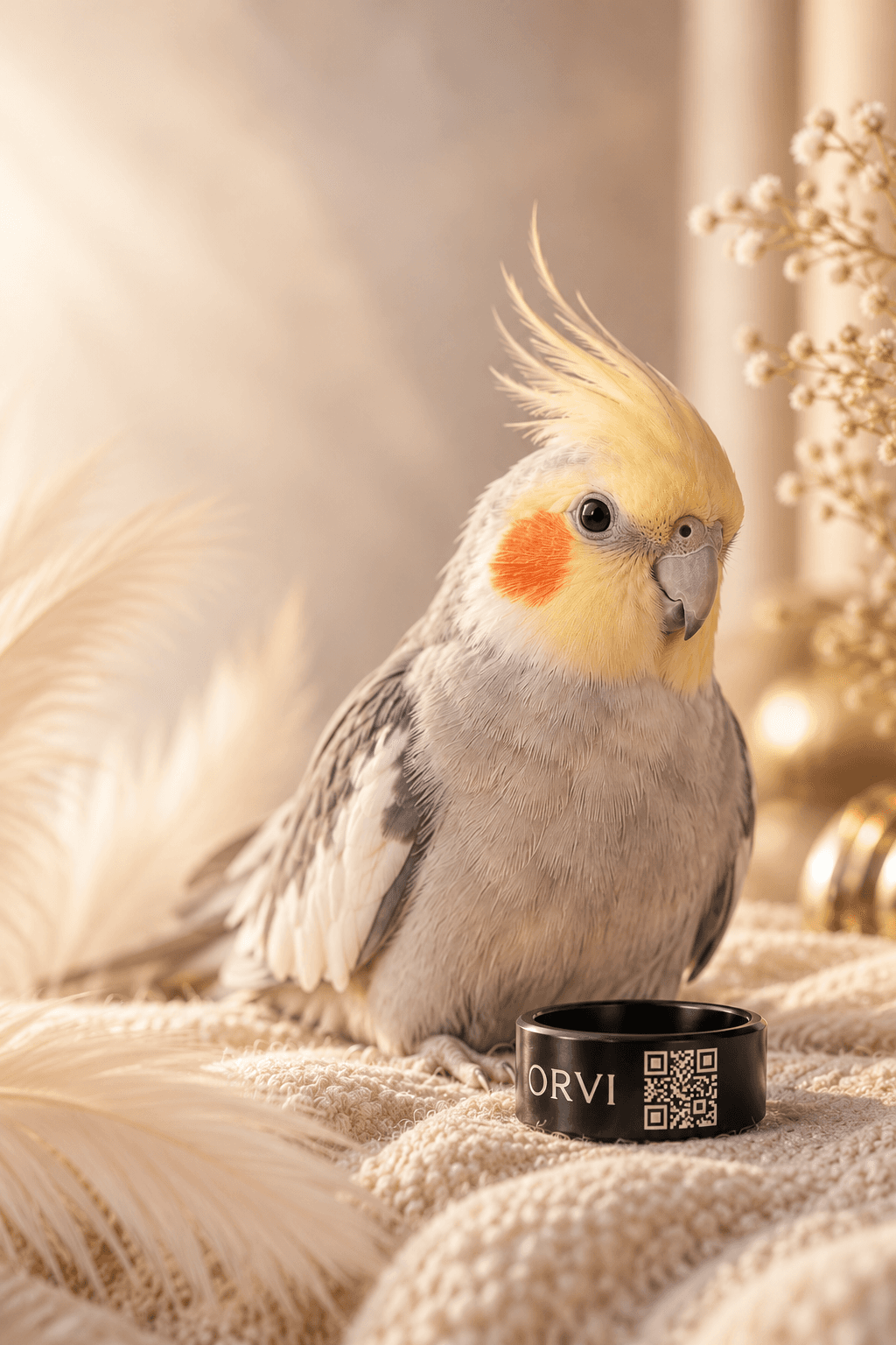 Cockatiel beside a black ORVI ring engraved with its name and QR code, in a warm feather setting.