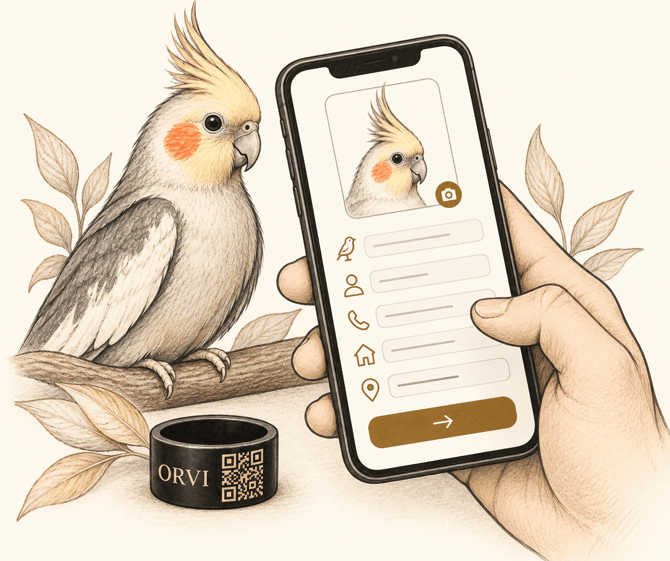Illustration of creating a companion bird's ORVI digital identity on a mobile form.